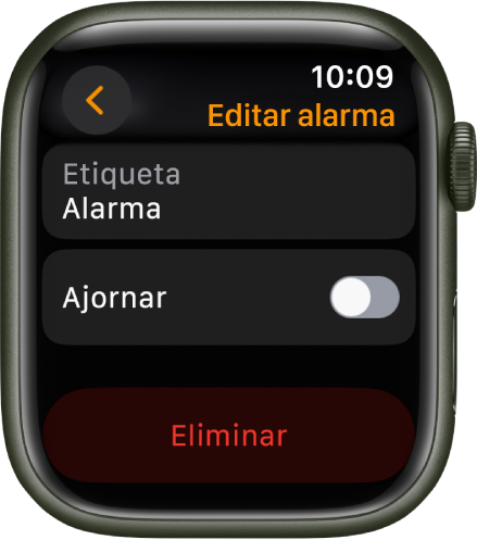 Pantalla “Editar alarma”, amb el botó Eliminar a baix de tot.