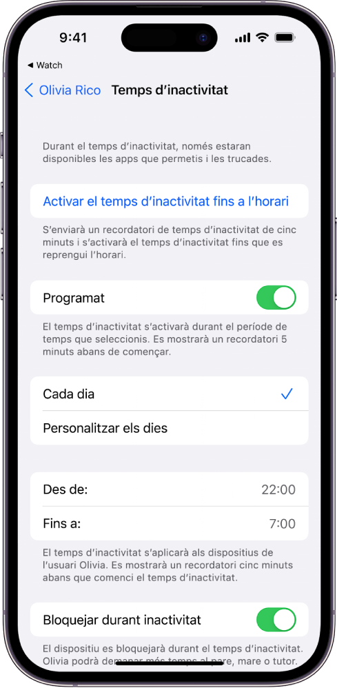 L’iPhone mostra la pantalla de configuració de “Temps d’inactivitat”. El botó Programat és a prop de la part superior. Les opcions “Cada dia” i “Personalitzar els dies” apareixen a sota. L’opció “Cada dia” està seleccionada. Les hores “Des de” i “Fins a” són al mig de la pantalla i “Bloquejar durant inactivitat” és a prop de la part inferior.