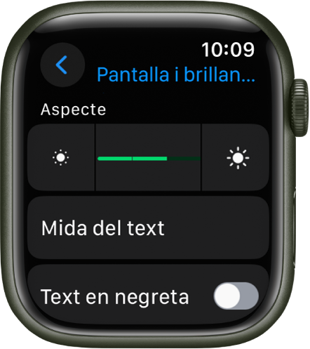 La configuració “Pantalla i brillantor” a l’Apple Watch, amb el regulador de brillantor a la part superior i el botó de “Mida del text” a sota.