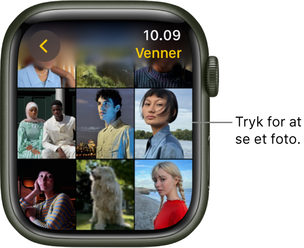 Hovedskærmen i appen Fotos på Apple Watch med flere fotos vist i et net.