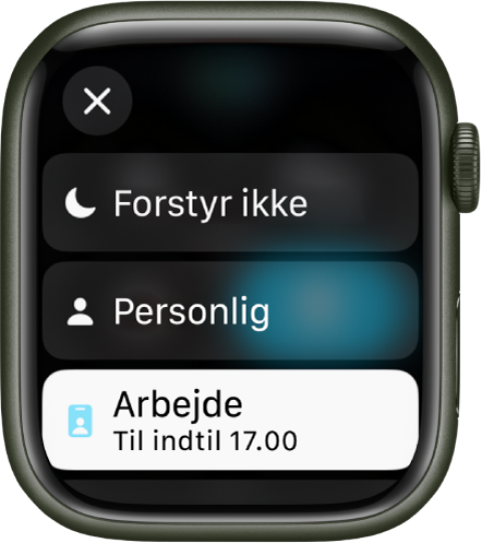 Fokuslisten viser Forstyr ikke, Personlig og Arbejde. Fokusfunktionen Arbejde er aktiv.