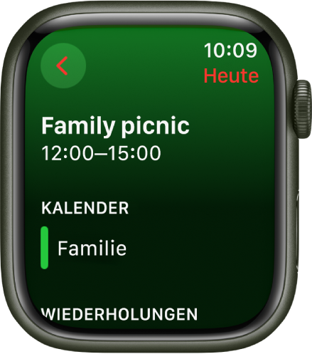 Die App „Kalender“ mit einem neuen Ereignis. Oben wird der Name des Ereignisses angezeigt, darunter die Uhrzeit des Ereignisses. Das Datum des Ereignisses steht oben rechts. Unter der Kalenderüberschrift befindet sich der Name des Kalenders, zu dem das Ereignis gehört.