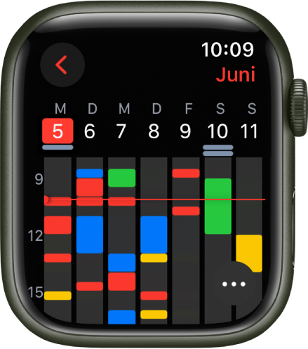 Die App „Kalender“ mit den Ereignissen für die Woche. Die Farbe jedes Ereignisses gibt den Kalender an, zu dem es gehört. Der Monatsname ist oben rechts und die Wochen- und Monatstage stehen in einer Reihen oben. Alle Ereignisse eines Tages sind mit einem Strich unterhalb des Datums markiert. Eine Linie oberhalb der Woche gibt die aktuelle Zeit an. Unten rechts befindet sich die Taste „Mehr“.