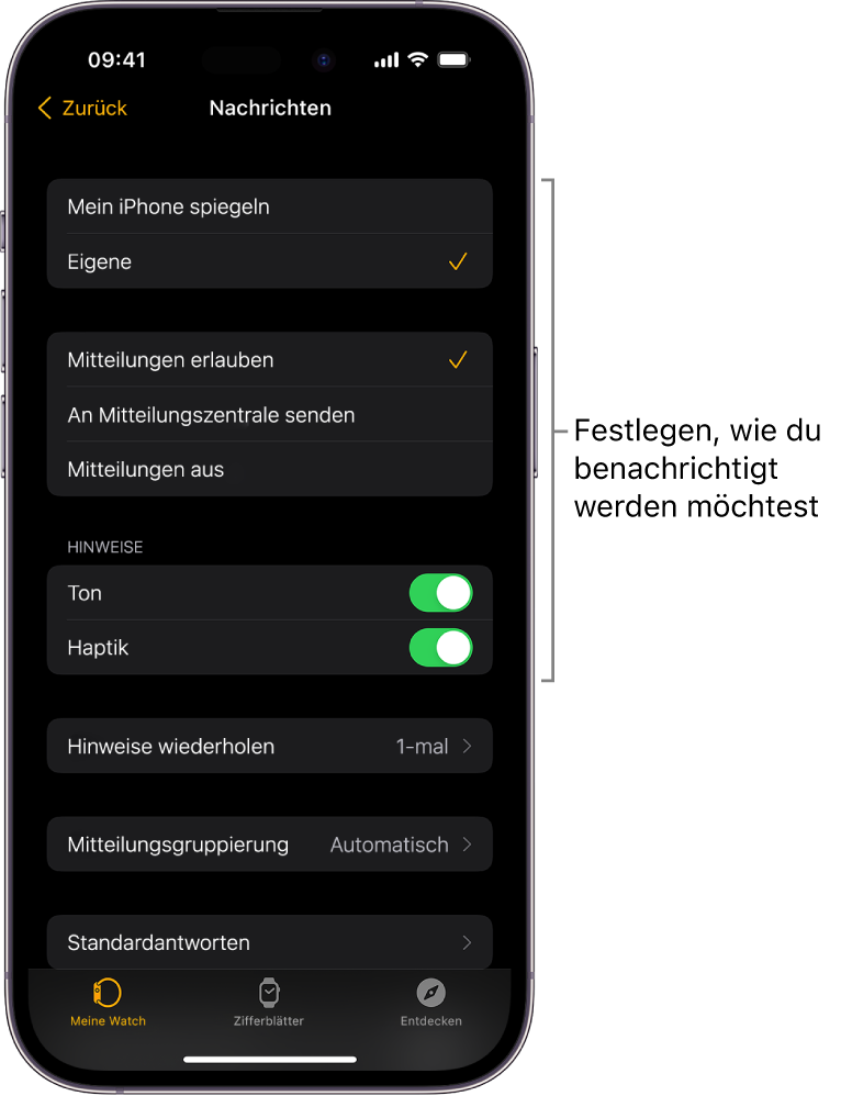 Einstellungen für „Nachrichten“ in der Apple Watch-App auf dem iPhone. Du kannst auswählen, ob Hinweise angezeigt werden sollen sowie den Ton oder die Haptik aktivieren und Hinweise wiederholen lassen.