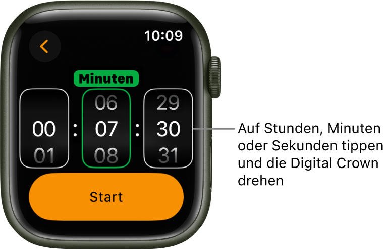Einstellungen zum Stellen eines eigenen Timers mit den Stunden links, den Minuten in der Mitte und den Sekunden rechts. Die Starttaste befindet sich darunter.