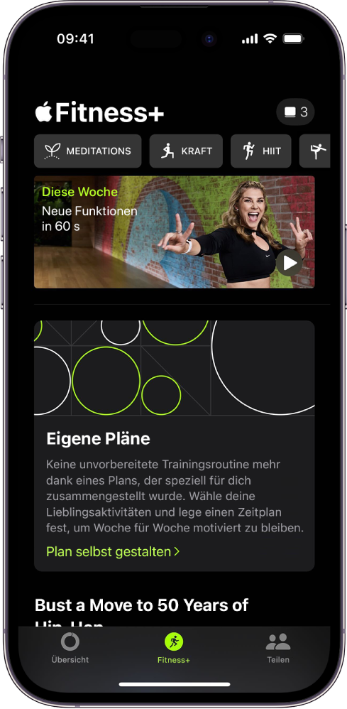 Die Apple Fitness+-Anzeige mit verschiedenen Trainingsarten in der oberen Reihe von links nach rechts. Darunter ist der Bereich „Diese Woche“. Darunter siehst du den Bereich „Eigener Plan“.