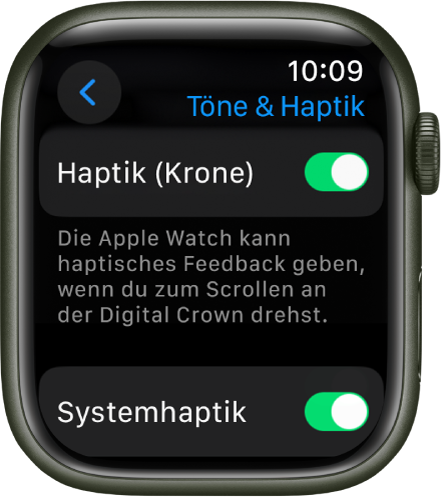 Die Anzeige „Haptik (Krone)“ mit aktiviertem Schalter „Haptik (Krone)“. Darunter befindet sich der Schalter „Systemhaptik“.