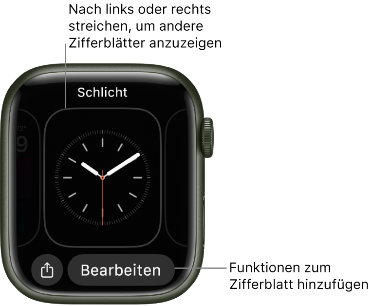 Wenn du den Finger auf das Zifferblatt legst, wird das aktuelle Zifferblatt mit den Tasten „Teilen“ und „Bearbeiten“ angezeigt. Der Name des Zifferblatts befindet sich oben. Streiche nach links oder rechts, um andere Zifferblattoptionen anzuzeigen. Tippe auf eine Komplikation, um die gewünschten Funktionen hinzuzufügen.