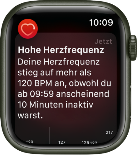 Eine Warnung der App „Herzfrequenz“ über eine hohe Herzfrequenz.