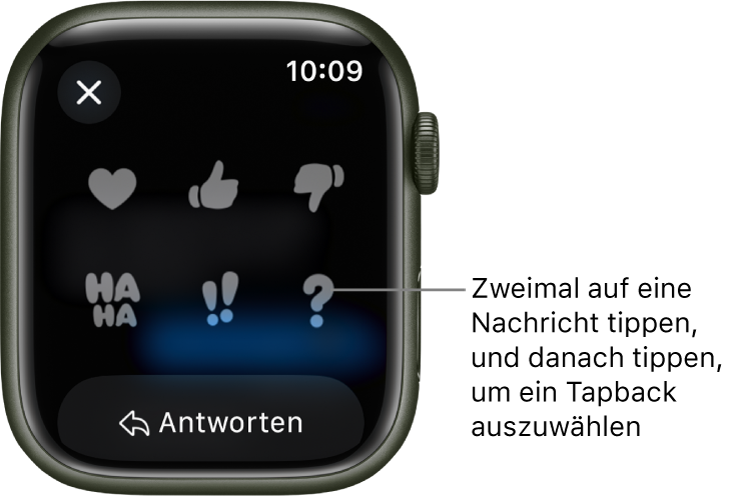 Eine Konversation in „Nachrichten“ mit Optionen für Tapback: Herz, Daumen hoch, Daumen runter, Ha Ha, !! und ?. Darunter befindet sich die Taste „Antworten“.