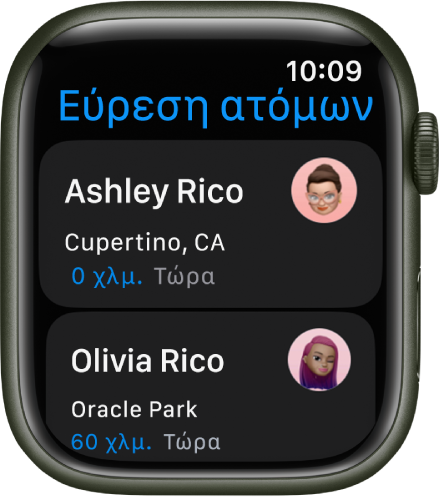 Η εφαρμογή «Εύρεση ατόμων» όπου εμφανίζονται δύο φίλοι και η κατά προσέγγιση τοποθεσία τους.