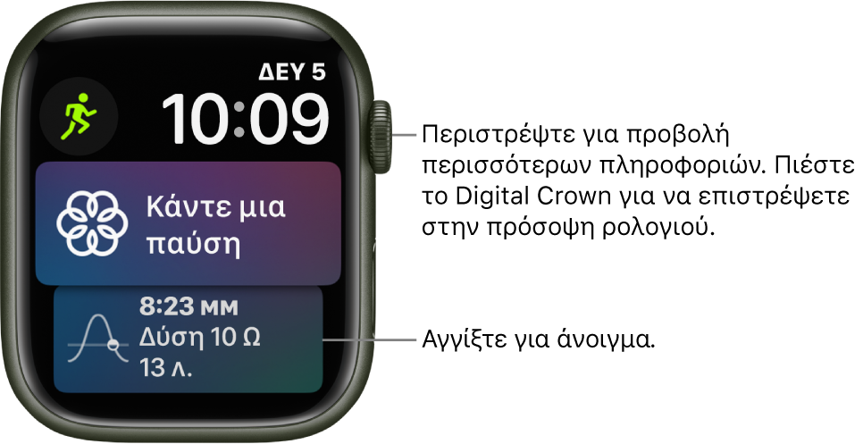 Η πρόσοψη ρολογιού Siri όπου φαίνονται η ημερομηνία και η ώρα πάνω δεξιά. Η πολυπλοκότητα «Προπόνηση» βρίσκεται πάνω αριστερά. Από κάτω βρίσκεται η πολυπλοκότητα «Ενσυνειδητότητα». Στο κάτω μέρος, βρίσκεται η πολυπλοκότητα «Αυγή/Δύση».