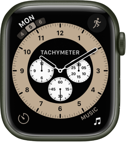 The Chronograph watch face, where you can adjust the face color and details of the dial. It shows four complications: Calendar at the top left, Workout at the top right, Timers at the bottom left, and Music at the bottom right.