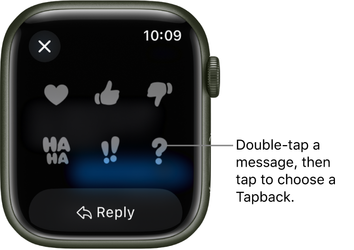 A Messages conversation with Tapback options: heart, thumbs up, thumbs down, Ha Ha, !!, and ?. A Reply button is below.