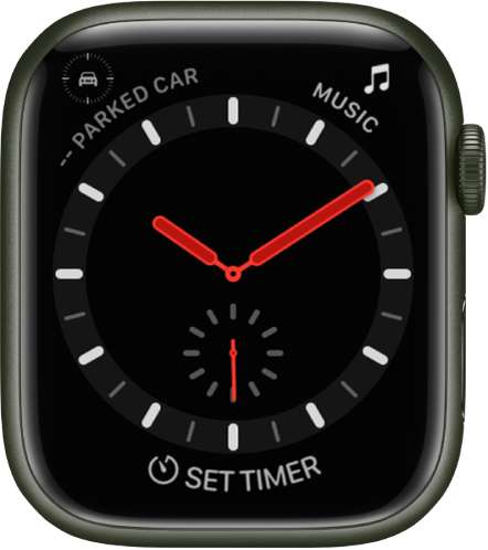 The Explorer watch face is an analog clock. It shows three complications: Parked Car Waypoint at the top left, Music at the top right, and Timer at the bottom.