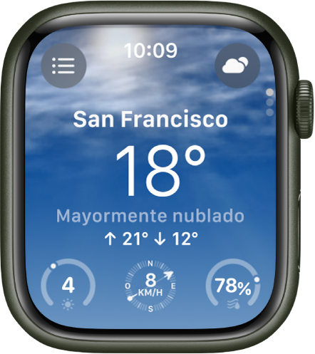 La app Clima mostrando un panorama general del estado del clima del día. El nombre de la ubicación aparece con la temperatura debajo. Hay tres botones en la parte inferior: Índice de rayos UV, Velocidad del viento y Precipitación. El botón Lista de ubicaciones está en la esquina superior izquierda y el botón Estado del clima está en la esquina superior derecha.