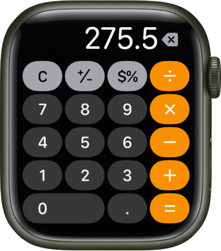 Apple Watch mostrando la app Calculadora. La pantalla muestra un teclado numérico con funciones matemáticas a la derecha. En la parte superior se encuentran los botones C, más, menos y de propina.