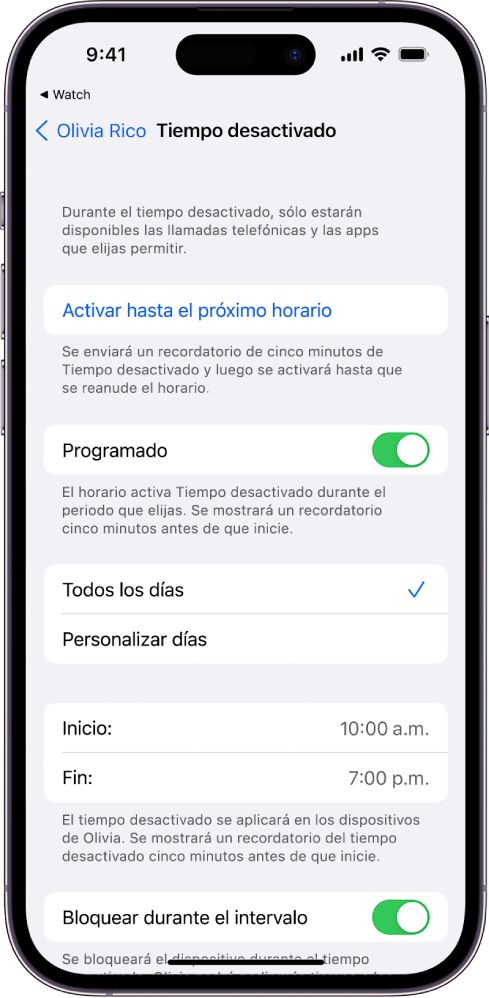 El iPhone está mostrando la pantalla de configuración de Tiempo desactivado. El botón Programado está cerca de la parte superior. Las opciones Cada día y Personalizar días se muestran debajo, y la opción Cada día está seleccionada. Las horas de inicio y fin están en el centro de la pantalla y el botón Bloquear durante el intervalo está cerca de la parte inferior.