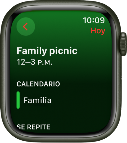 Pantalla de la app Calendario mostrando un nuevo evento. El nombre del evento se muestra en la parte superior; la hora del evento se muestra debajo de él. La fecha del evento está en la esquina superior derecha. Debajo del encabezado de Calendario se muestra el nombre del calendario al que pertenece el evento.