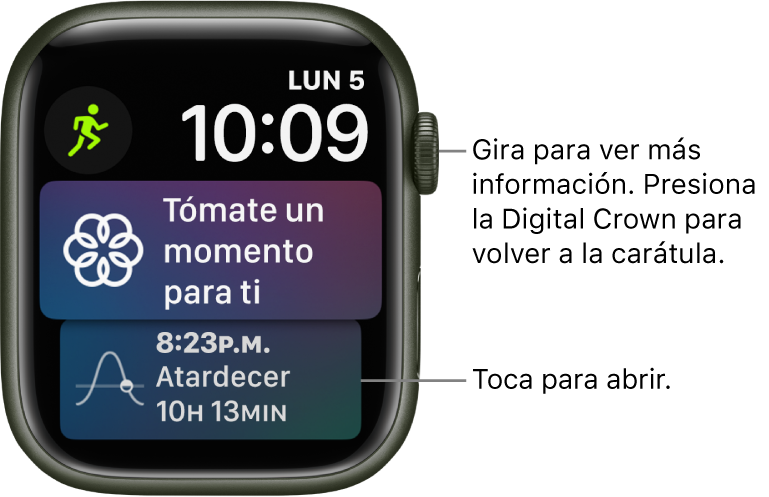 La carátula Siri mostrando la fecha y la hora en la parte superior derecha. Hay una complicación Entrenamiento en la parte superior izquierda. Debajo está la complicación Atención Plena. En la parte inferior está la complicación Amanecer/Atardecer.