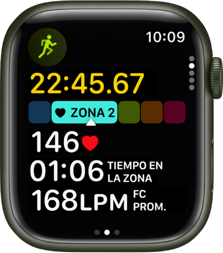 Un entrenamiento de carrera en curso muestra el tiempo transcurrido del entrenamiento, la zona de frecuencia cardiaca actual, la frecuencia cardiaca actual, el tiempo en dicha zona, y la frecuencia cardiaca promedio.