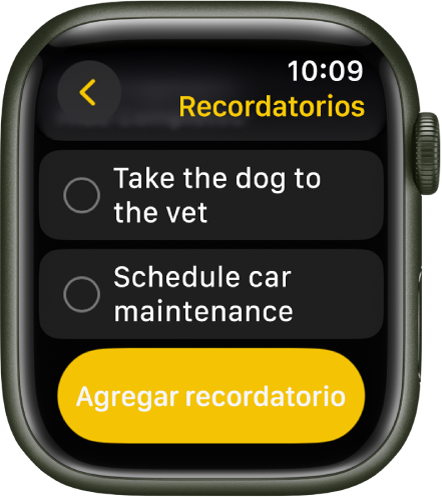 La app Recordatorios mostrando dos recordatorios. Cerca de la parte superior de la pantalla se encuentran los recordatorios y debajo de estos está el botón Agregar recordatorio.