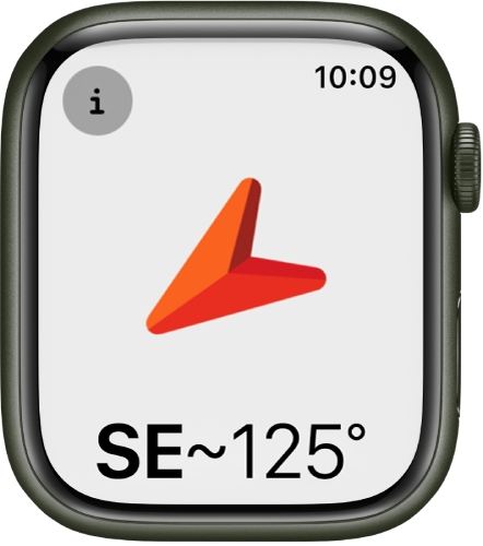 La brújula mostrando una flecha grande apuntando hacia la dirección que aparece debajo. El botón Información está en la esquina superior izquierda.
