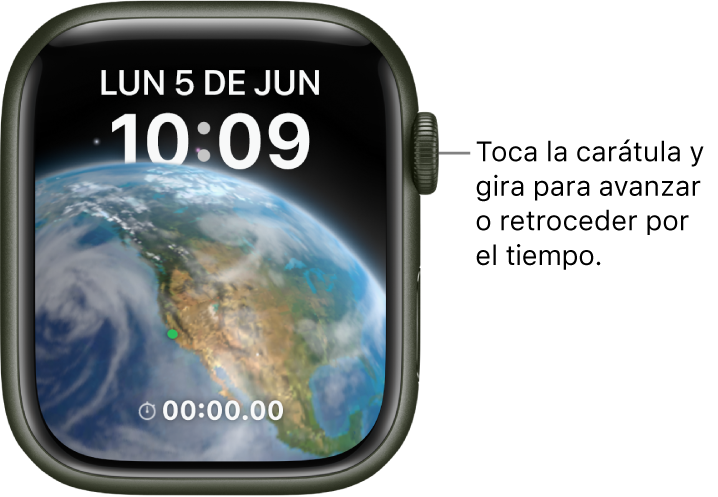 La carátula Astronomía muestra el día, la fecha y la hora actual. Hay una complicación Temporizador en la parte inferior. Toca la carátula y gira la Digital Crown para avanzar o retroceder el tiempo.