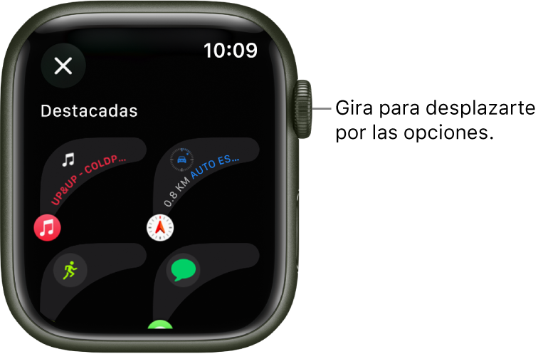 La pantalla personalizada de una carátula mostrando complicaciones destacadas. Gira la corona Digital Crown para explorar las complicaciones.