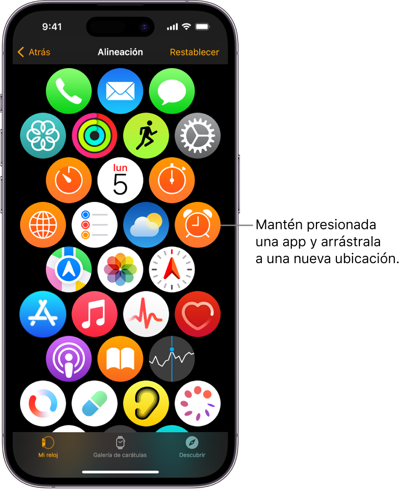 La pantalla Alineación en la app Apple Watch mostrando una cuadrícula de íconos.