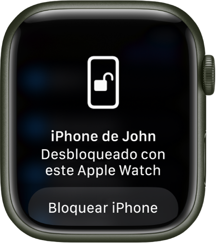 Pantalla del Apple Watch mostrando Este Apple Watch desbloqueó el iPhone de José. Debajo se encuentra el botón Bloquear iPhone.