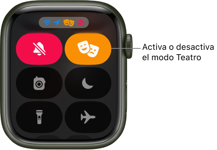 El centro de control con los botones del modo Teatro y del modo Silencio resaltados para mostrar que el modo Teatro está activado.