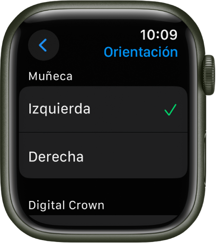 La pantalla de Orientación en el Apple Watch Puedes ajustar las preferencias en cuanto a la muñeca y la corona Digital Crown.