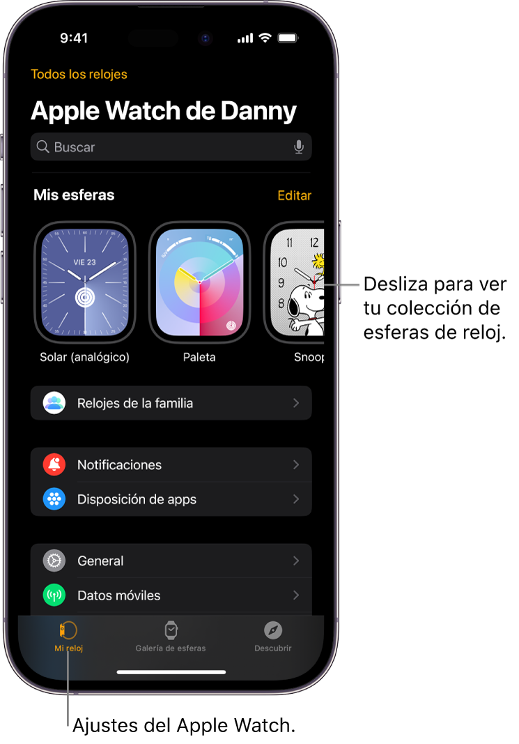 La app Apple Watch del iPhone abierta en la pantalla “Mi reloj”, donde se muestran las esferas del reloj junto a la parte superior y los ajustes debajo. Hay tres pestañas en la parte inferior de la pantalla de la app Apple Watch: la pestaña izquierda es “Mi reloj”, donde puedes ver los ajustes del Apple Watch; a continuación se encuentra la pestaña “Galería de esferas”, donde puedes explorar las esferas y complicaciones disponibles; y por último está la pestaña Descubrir, donde puedes aprender más sobre el Apple Watch.