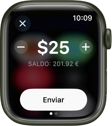 Una pantalla de la app Mensajes donde se muestra que se está preparando un pago con Apple Cash. Arriba a la derecha se muestra una cantidad en dólares. El saldo actual está debajo y el botón Enviar, en la parte inferior de la pantalla.