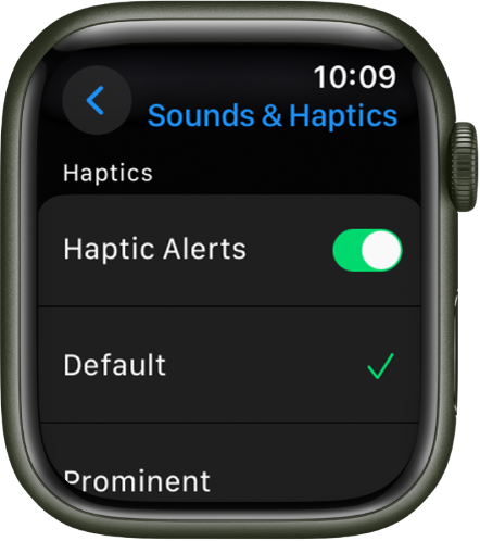 Apple Watchi seaded Sounds & Haptics, lülitiga Haptic Alerts ning selle all valikutega Default ja Prominent.