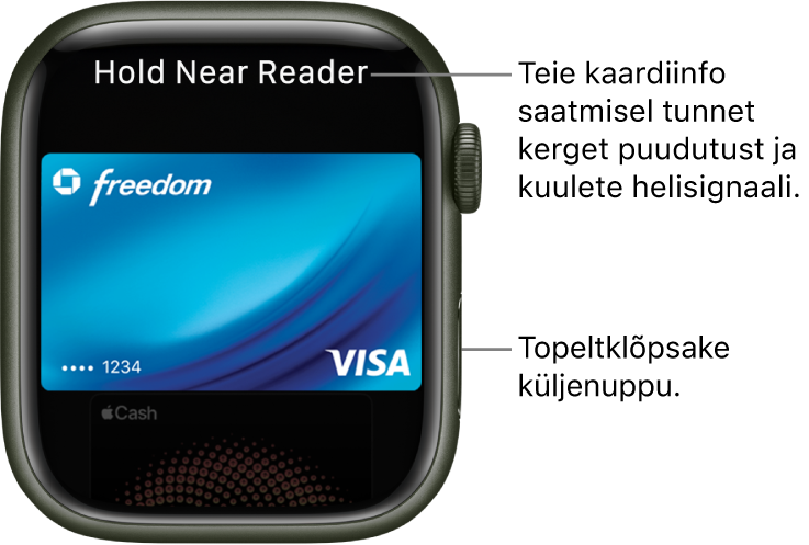 Apple Pay kuva ülaosas kirjaga“Hold Near Reader to Pay”; teie kaarditeabe saatmisel tunnete kerget puudutust ning kuulete helisignaali.