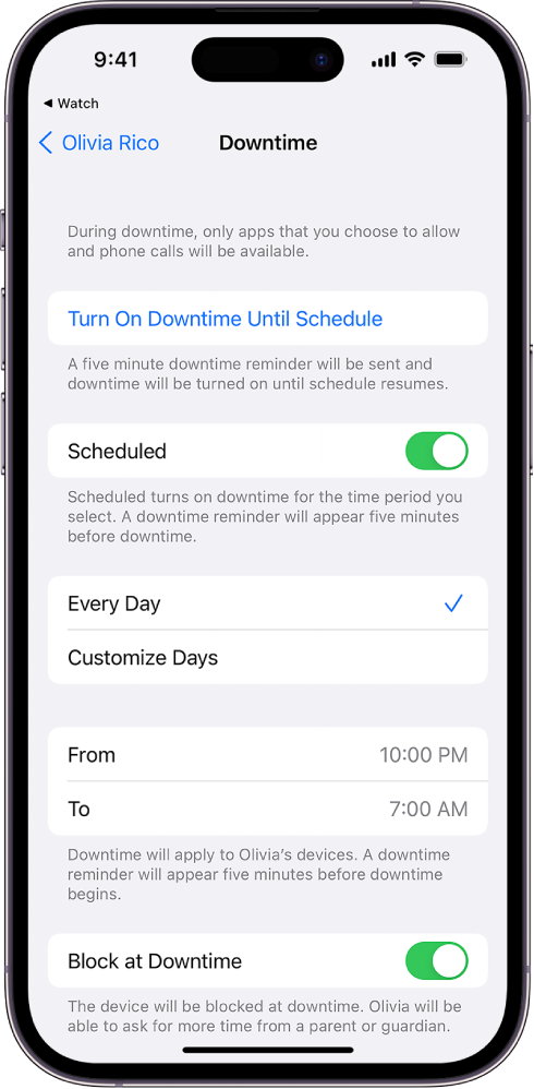 iPhone’i ekraanil kuvatakse funktsiooni Downtime seadistamise kuva. Ülaosa läheduses on lüliti Scheduled. Selle all on valikud Every Day ja Customize Days ning valitud on Every Day. Ekraani keskel on From ja To tundide valijad ning all on nupp Block at Downtime.