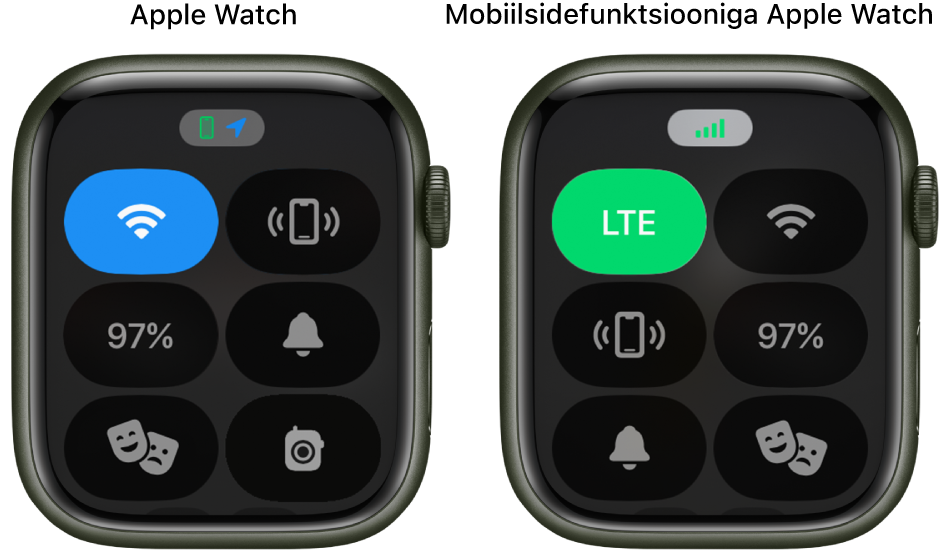 Kahe Apple Watchi ekraanil kuvatakse Control Centerit. Vasakul kuvatakse Apple Watch GPSi ekraanil nuppe Wi-Fi, Ping iPhone, Battery, Silent Mode, Theater Mode ja Walkie-Talkie. Paremal kuvatakse Apple Watch GPS + Cellulari ekraanil nuppe Cellular, Wi-Fi, Ping iPhone, Battery, Silent Mode ja Theater Mode.