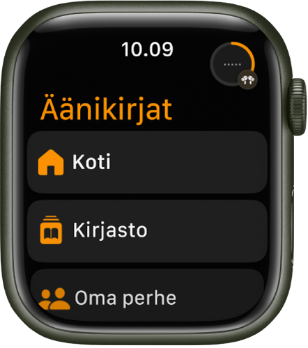 Äänikirjat-apissa näkyvät Koti-, Kirjasto- ja Oma perhe ‑painikkeet.