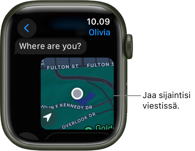 Viestit-apissa näkyy kartta, johon on merkity henkilön sijainti.