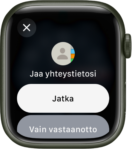 NameDrop-näytöllä näkyy kaksi painiketta: Jaa, jonka avulla voit ottaa yhteystiedon vastaan ja jakaa omasi, ja Vain vastaanotto, jolla voit ottaa vain toisen henkilön yhteystiedot vastaan.