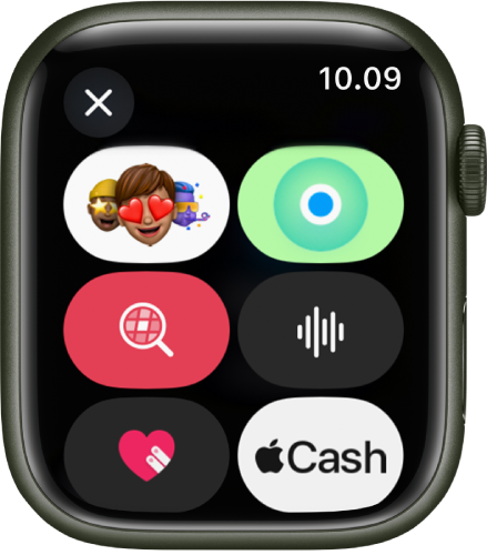 Viestit-näyttö, jossa näytetään Apple Cash -painike sekä Memoji-, Sijainti-, GIF-, Ääni- ja Digital Touch -painikkeet.