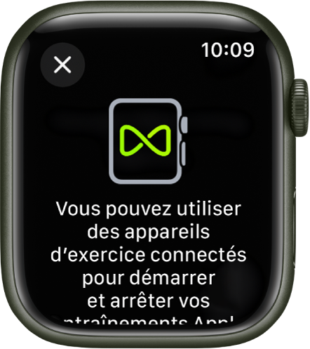 Un écran de jumelage qui s’affiche lorsque vous jumelez votre Apple Watch avec un équipement sportif.