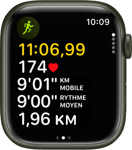 Une course à pied en cours montre la durée écoulée de l’entraînement, la fréquence cardiaque, le rythme mobile, le rythme moyen et la distance parcourue.