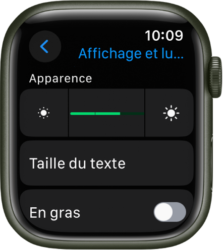 Les réglages de luminosité de l’Apple Watch avec le curseur Luminosité dans le haut et le bouton Taille du texte en dessous.