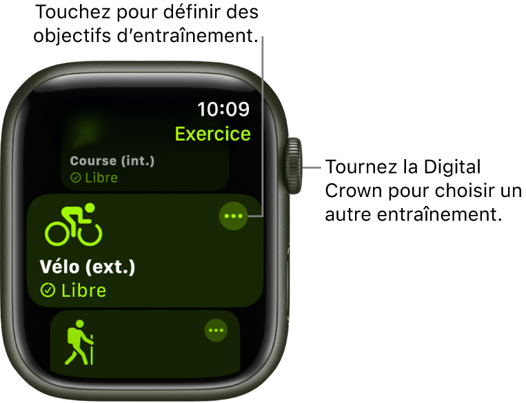 L’écran Exercice avec l’entraînement Vélo (ext.) mis en évidence. Un bouton Plus se trouve en haut à droite de la mosaïque d’entraînement.