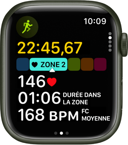 Un entraînement de course en cours montre la durée écoulée de l’entraînement, la zone dans laquelle vous vous trouvez, la fréquence cardiaque, le temps dans la zone et la fréquence cardiaque moyenne.