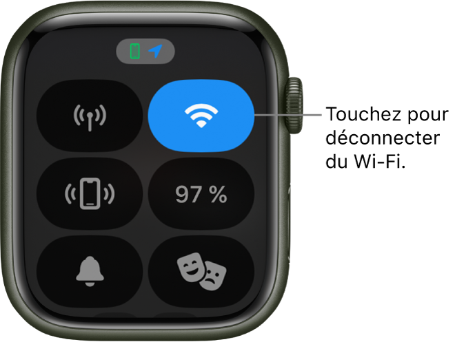 Le centre de contrôle sur l’Apple Watch (GPS + Cellular) avec le bouton Wi-Fi en haut à droite. La légende indique « Toucher pour déconnecter le Wi-Fi ».