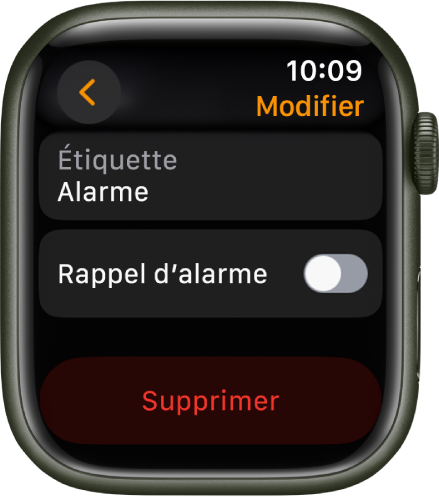 Un écran de modification de l’alarme avec le bouton Supprimer en bas.